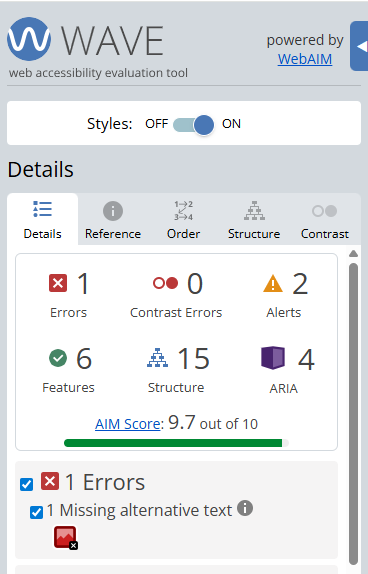 Screenshot of WAVE accessibility tool highlighting an image with missing alt text