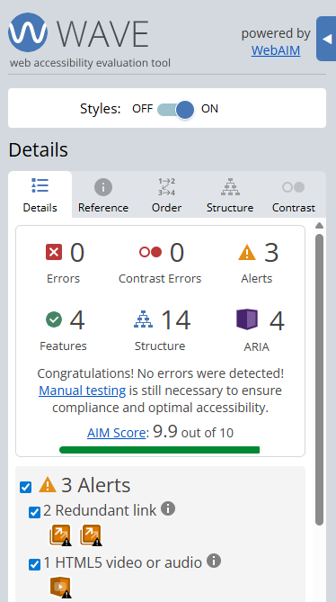 Screenshot of the WAVE accessibility tool highlighting that a video is present on the page