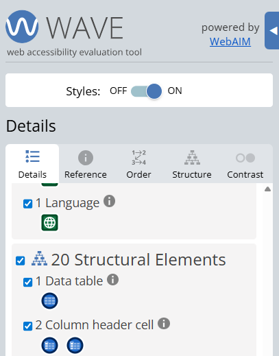 WAVE accessibility tool showing a data table with two column headers detected despite three visible columns