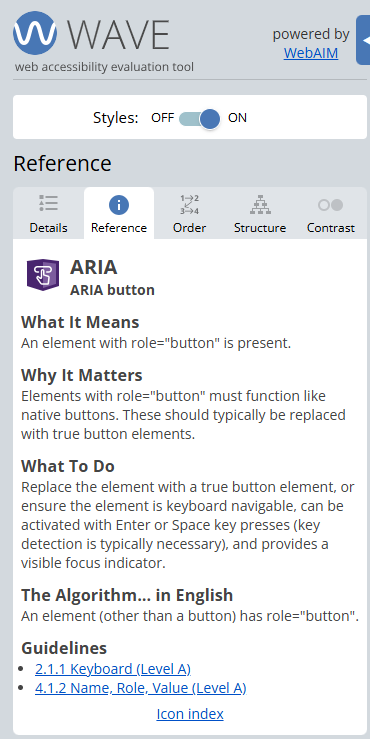 WAVE highlighting an element with role button that is not a native button