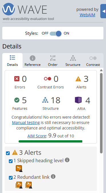 Screenshot of the WAVE accessibility tool highlighting heading structure issues