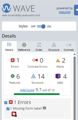 Screenshot of the WAVE tool highlighting a form field with a missing label